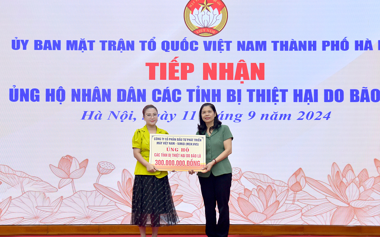 Ngày 11/9/2024, Công ty cổ phần đầu tư phát triển máy Việt Nam VIMID (mã chứng khoán VVS) đã ủng hộ 300 triệu đồng hỗ trợ các địa phương bị ảnh hưởng, thiệt hại do bão lũ.