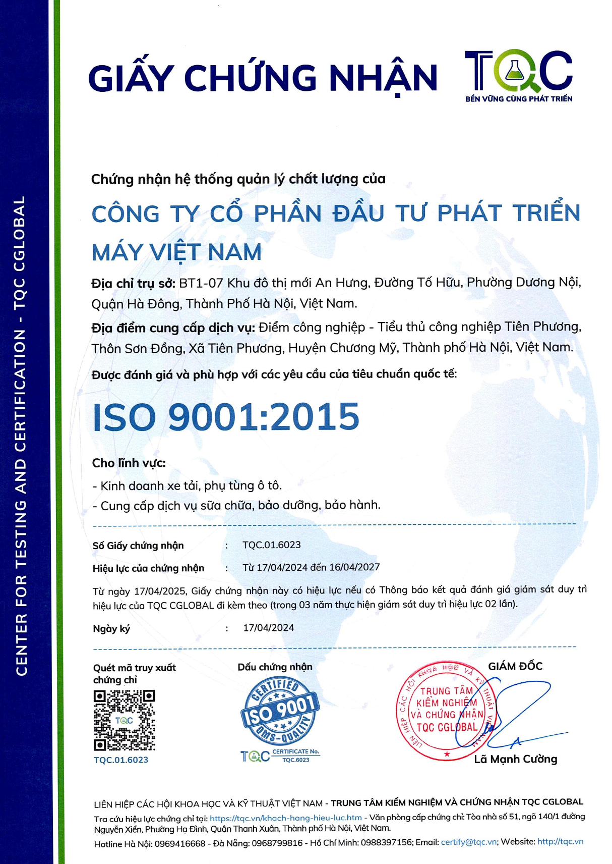 Hình ảnh giấy chứng nhận VIMID đạt tiêu chuẩn ISO 9001:2015 