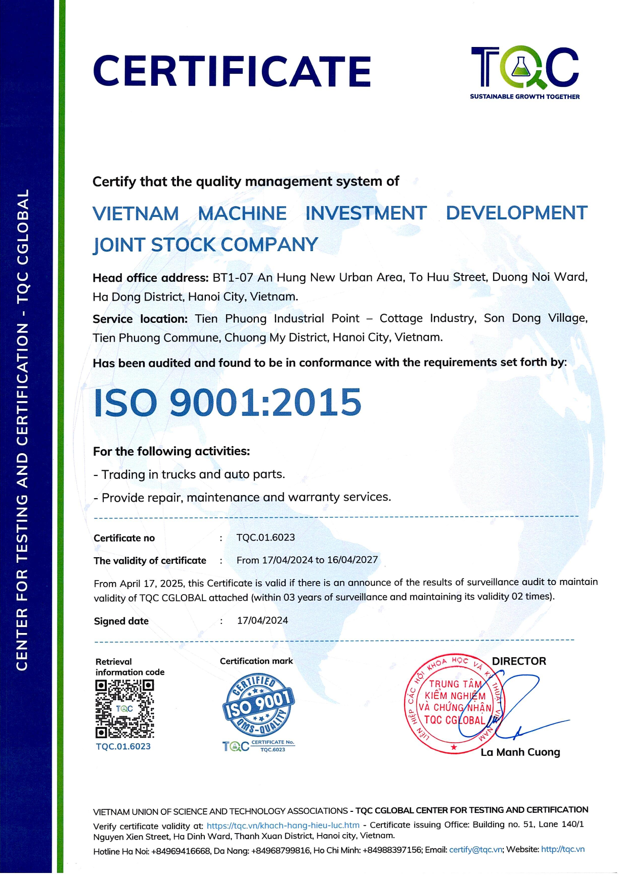 Hình ảnh giấy chứng nhận VIMID đạt tiêu chuẩn ISO 9001:2015 