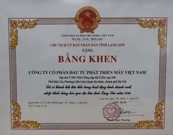 VIMID 6 năm liền nhận được giải thưởng Doanh nghiệp xuất sắc UBND tỉnh Lạng Sơn