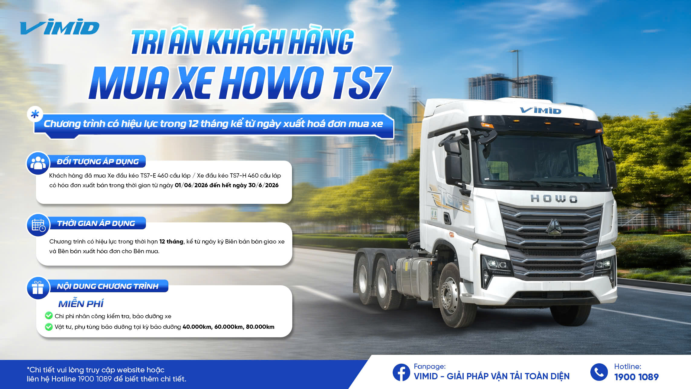 VIMID tri ân khách hàng – Miễn phí 03 kỳ bảo dưỡng tới khách hàng mua HOWO TS7