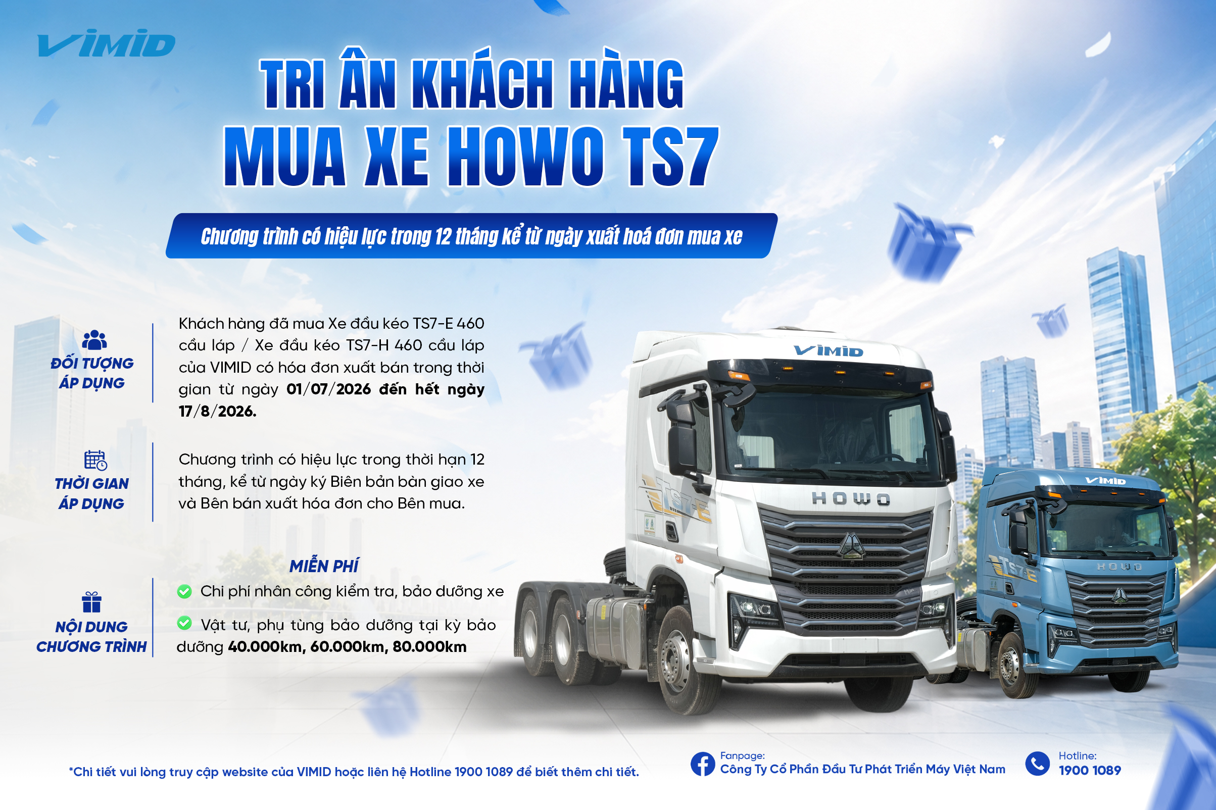 VIMID tri ân khách hàng Tháng 8 - Miễn phí 03 kỳ bảo dưỡng tới khách hàng mua HOWO TS7
