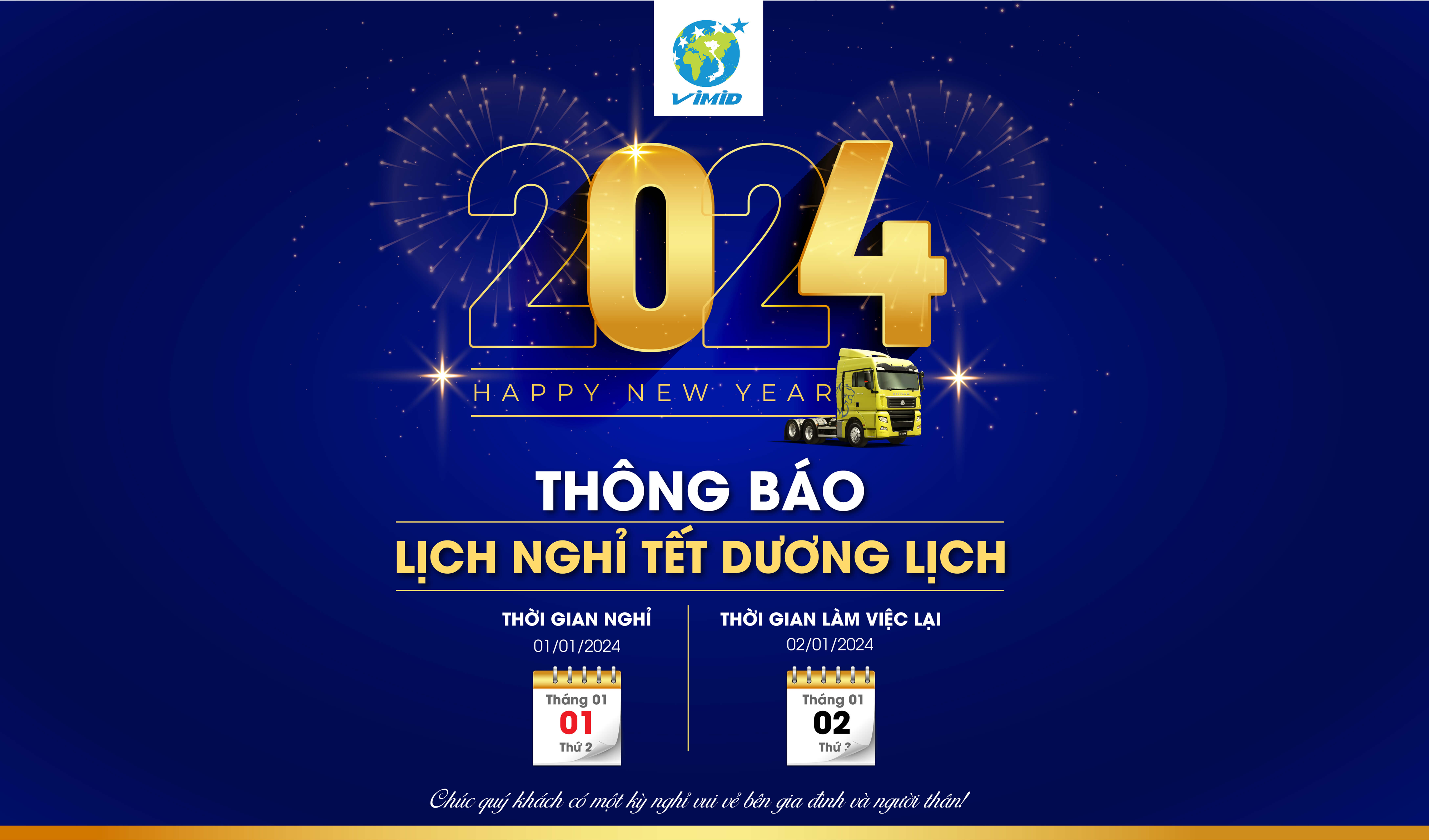 Công ty Cổ phần Đầu tư phát triển Máy Việt Nam xin trân trọng thông báo lịch nghỉ Tết Dương lịch 2024.